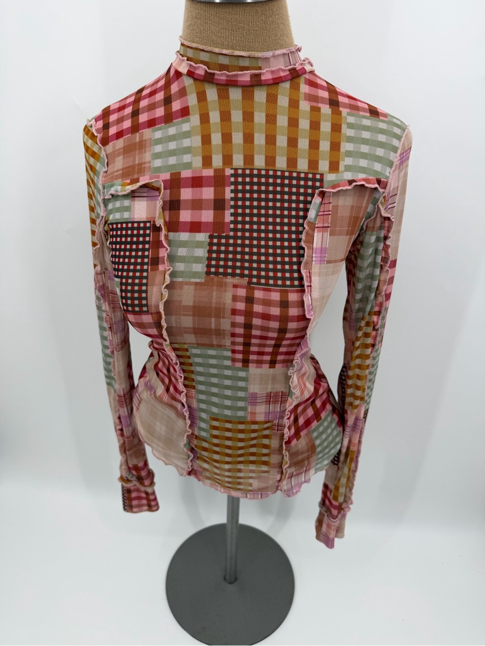 Sheer Mesh Patchwork Plaid Print Long Sleeve Top Ruffle Trim Cottagecore Y2K